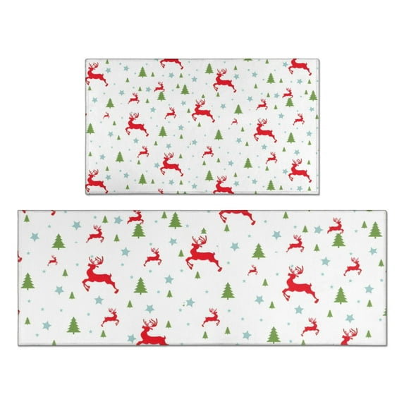 White Christmas Reindeer and Tree Pattern Kitchen Rugs Sets Of 2,Anti Fatigue Kitchen Mat Rugs Non Slip Washable,Decorative Kitchen Floor Mats for Kitchen,Sink,Laundry,17"x30"+17"x47"