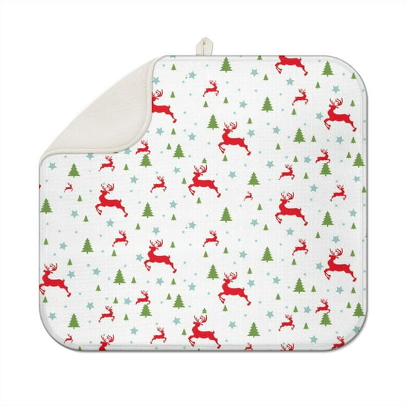 White Christmas Reindeer and Tree Pattern Dish Drying Mat for Kitchen 1 Pack, Ultra Absorbent Microfiber Dishes Drainer Mats,16x18in(41x46cm)
