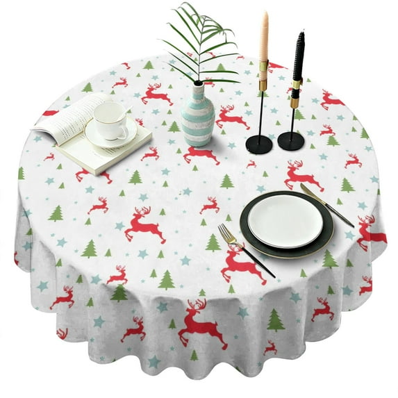 White Christmas Reindeer and Tree Pattern Round Tablecloth 60"x60",Wrinkle Wipeable Table Cloth for Kitchen Dining Room Picnic Patio Party