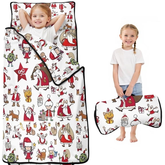 White Christmas Santa and Character Pattern Toddler Nap Mats for Kids Preschool,51"x22" Sleeping Mat Bag or Kids,Toddler Sleeping Bag,Toddler Nap Mat or Daycare