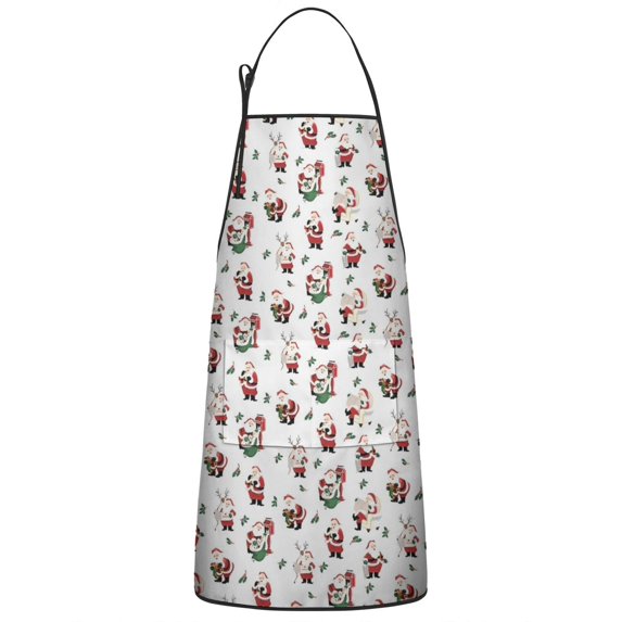 White Christmas Santa Pattern Apron-Garden Aprons for Women with Pockets-Cotton Linen Waterproof Kitchen Cooking Gardening Aprons Adjustable for Kitchen,Cooking,BBQ and Salon 33"x27"