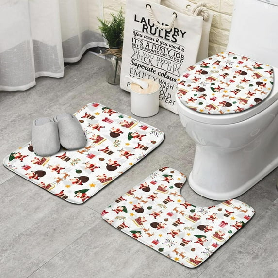 White Christmas Santa Pattern Bathroom Rugs Sets 3 Piece,Toilet Cover Set,Absorbent Non Slip Bathroom Mats Sets with U-Shaped Contour Rug Toilet Rug Set