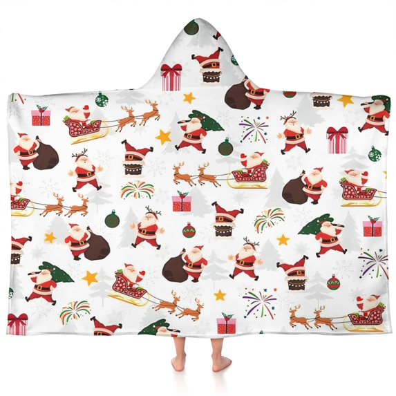 White Christmas Santa Pattern Hooded Bath Towel,60"x35" for Ages 3 To 12 Kids, Quick Dry Lightweight Soft Microfiber Hood Beach Towel Cover Up for Kids