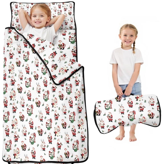 White Christmas Santa Pattern Toddler Nap Mats for Kids Preschool,51"x22" Sleeping Mat Bag or Kids,Toddler Sleeping Bag,Toddler Nap Mat or Daycare