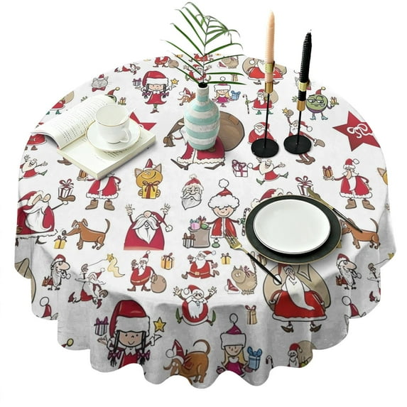 White Christmas Santa and Character Pattern Round Tablecloth 60"x60",Wrinkle Wipeable Table Cloth for Kitchen Dining Room Picnic Patio Party