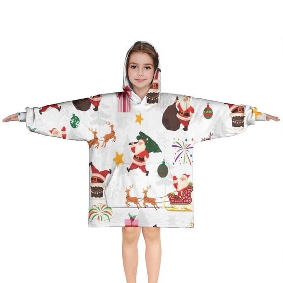 White Christmas Santa and Gift Pattern Blanket Hoodies for Kids 6-13YR Oversize Wearable Blanket Hoodies for Boys Girls Teens