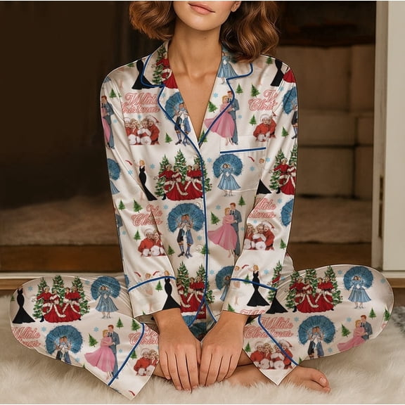 White Christmas Satin Pajama Set For Women