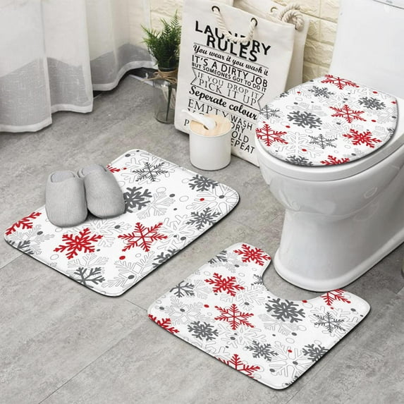White Christmas Snowflake Pattern Bathroom Rugs Sets 3 Piece,Toilet Cover Set,Absorbent Non Slip Bathroom Mats Sets with U-Shaped Contour Rug Toilet Rug Set