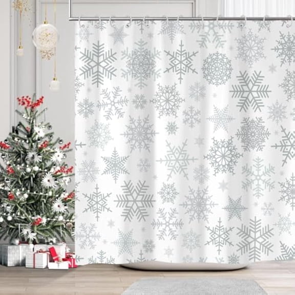 White Christmas Snowflake Shower Curtain, Winter Merry Xmas Funny Outside Holiday Pattern Bathroom Decor, Waterproof Cloth Fabric Bath Curtain with Hooks 72 x 72 inch