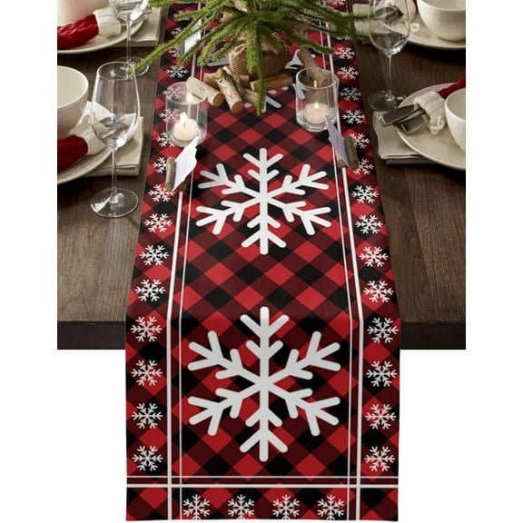 White Christmas Snowflake Table Runners Cotton Linen Red Black Buffalo Plaid Check Non-Slip Rectangle Party Decorations for Kitchen,Home ,Dining Table ,Outdoor,14X72 Inches Long Rustic Farmhouse