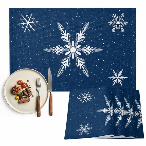 White Christmas Snowflakes Placemats Set of 8, Winter Holidays Navy Blue Table Mats Washable Heat-Insulation Non-Slip Place Mats for Kitchen Dinner Table Indoor Outdoor Decor,13x19 Inch