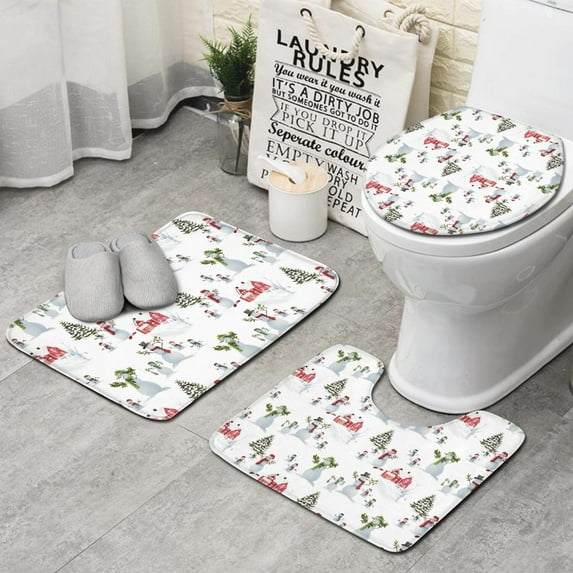 White Christmas Snowman Pattern Bathroom Rugs Sets 3 Piece,Toilet Cover Set,Absorbent Non Slip Bathroom Mats Sets with U-Shaped Contour Rug Toilet Rug Set