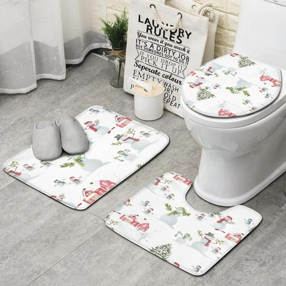 White Christmas Snowman Pattern Bathroom Rugs Sets 3 Piece,Toilet Cover Set,Absorbent Non Slip Bathroom Mats Sets with U-Shaped Contour Rug Toilet Rug Set
