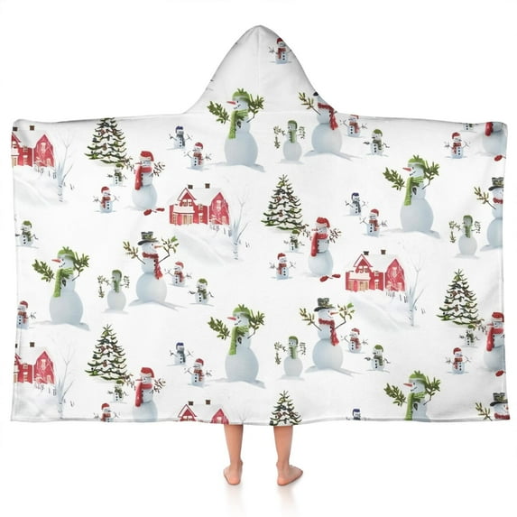 White Christmas Snowman Pattern Hooded Bath Towel,50"x30" for Ages 3 To 12 Kids, Quick Dry Lightweight Soft Microfiber Hood Beach Towel Cover Up for Kids