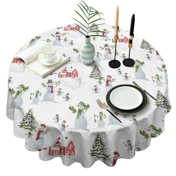 White Christmas Snowman Pattern Round Tablecloth 60"x60",Wrinkle Wipeable Table Cloth for Kitchen Dining Room Picnic Patio Party