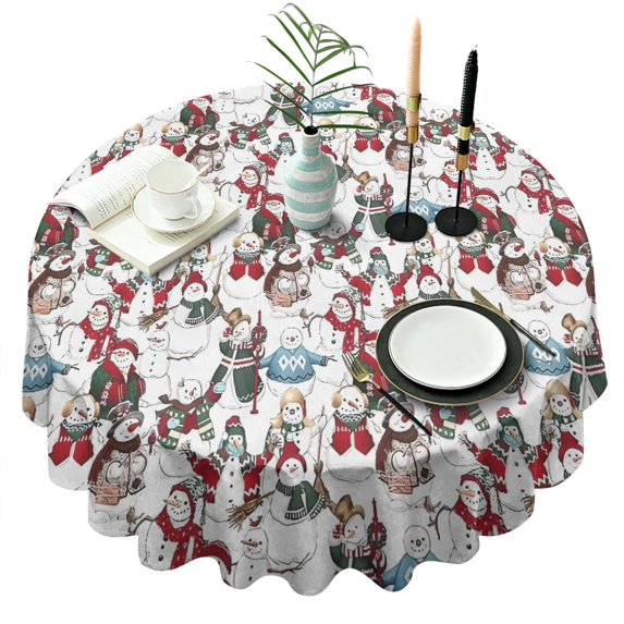 White Christmas Snowman Pattern Round Tablecloth 60"x60",Wrinkle Wipeable Table Cloth for Kitchen Dining Room Picnic Patio Party