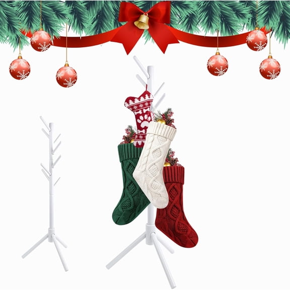 White Christmas Stocking Holder Stand, Wooden Stocking Holder Stand with 8 Hooks, Freestanding Stocking Hanger Rack for Floor