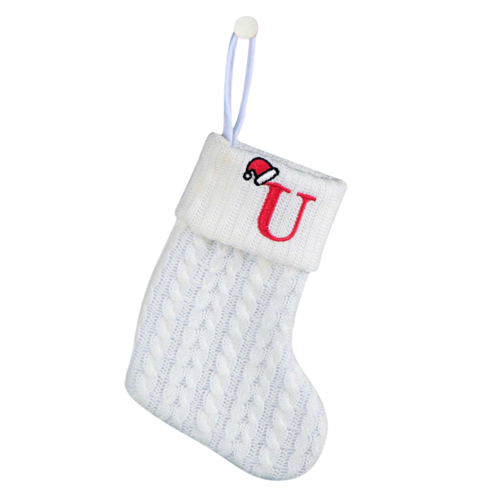 White Christmas Stockings with Red Initials, Large Embroidered Letter Knit Christmas Stocking