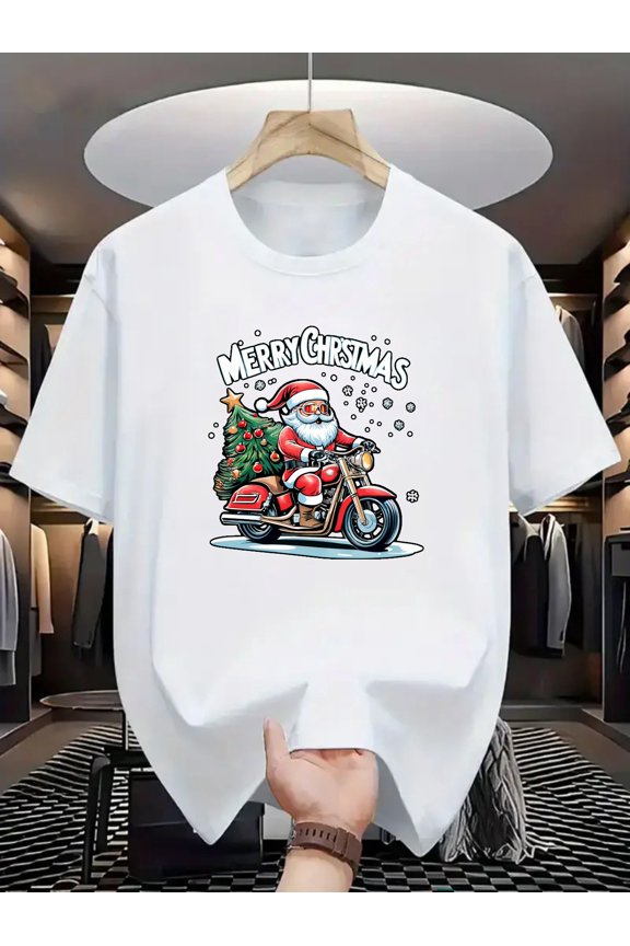 A White Christmas T-Shirt Featuring Santa Riding a Motorcycle, Print with 'Merry Christmas' - a Casual Holiday Gift for Both Men And Women, Perfect for Celebrating The Festive Season