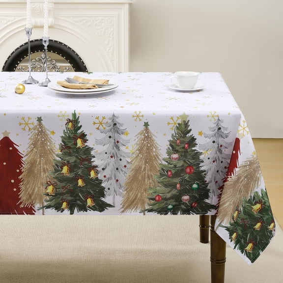 White Christmas Tablecloth with Xmas Tree and Snowflake Printing Pattern, Washable and Stain Resistant Winter Holiday Table Cover for Dining Room, Party Decor, Xmas Dinner, 60 x 84 Inch