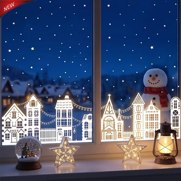 White Christmas Town Window Clings, DoubleLayer Winter Village House Window Stickers, Snow Star Xmas Decor Decals For Glass Door Shop, Indoor outdoor Christmas Decorations For Home Holiday Decor