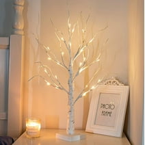 White Christmas Tree, 45CM Mini Table Birch Twig Tree, 24 LEDs Warm White, Battery Powered Easter Tree Decorations for Christmas Home Party Wedding
