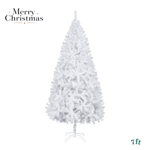 White Christmas Tree, 7ft Unlit Artificial Pine Tree with Full Branches & Sturdy Metal Base, Realistic Holiday Centerpiece for Living Room or Office Décor