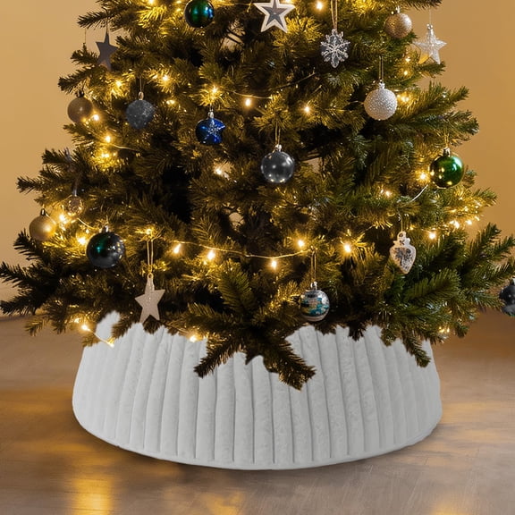 White Christmas Tree Collar, Luxury Plush Foldable Christmas Tree Base Cover Ring Skirt with Stripe Textured Pattern for Xmas New Year Holiday Party Decor, Easy to Set Up & Storage, 23"-28"