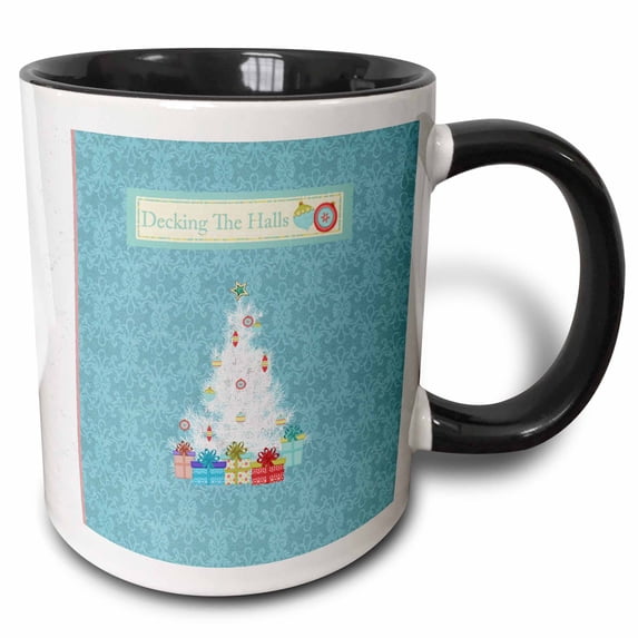 White Christmas Tree, Gifts, Ornaments on Damask Blue, Deck the Halls 11oz Two-Tone Black Mug mug-160057-4