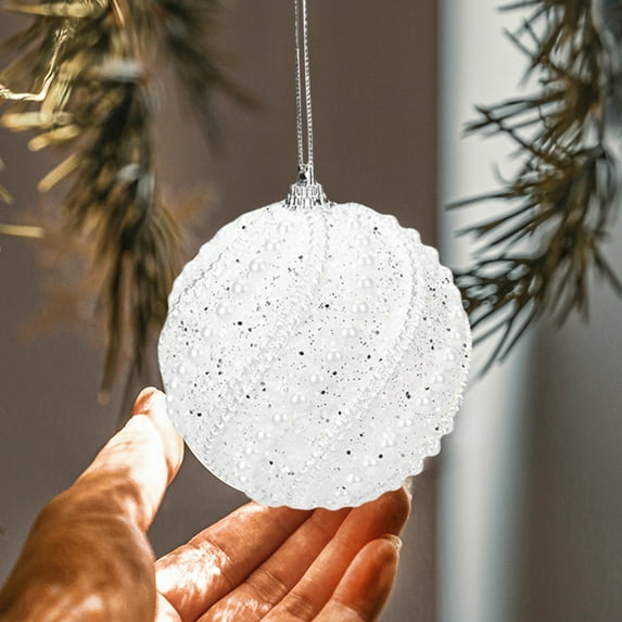 White Christmas Tree Ornaments 8cm - 2PC Glitter Snowball Decor with Bead Accents, Shatterproof Plastic Hanging Pendants for Holiday Decorating
