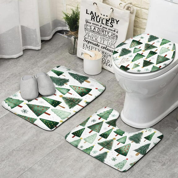 White Christmas Tree Pattern Bathroom Rugs Sets 3 Piece,Toilet Cover Set,Absorbent Non Slip Bathroom Mats Sets with U-Shaped Contour Rug Toilet Rug Set