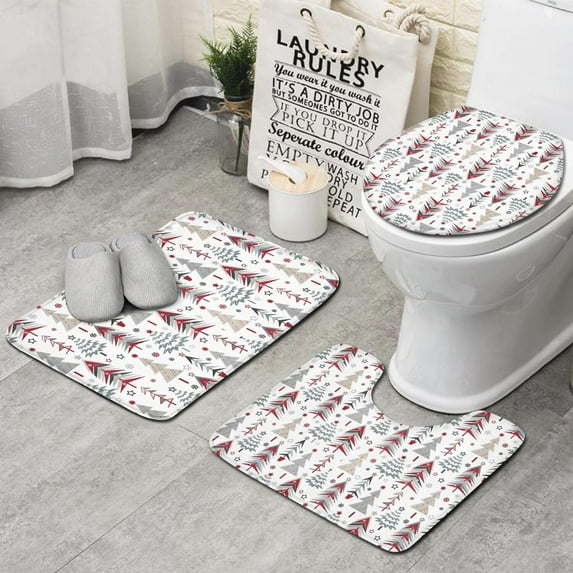 White Christmas Tree Pattern Bathroom Rugs Sets 3 Piece,Toilet Cover Set,Absorbent Non Slip Bathroom Mats Sets with U-Shaped Contour Rug Toilet Rug Set