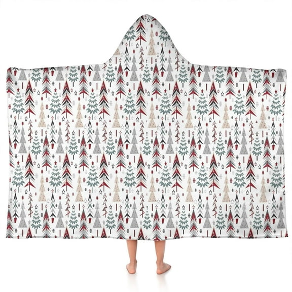 White Christmas Tree Pattern Hooded Bath Towel，50"x30" for Ages 3 To 12 Kids, Quick Dry Lightweight Soft Microfiber Hood Beach Towel Cover Up for Kids