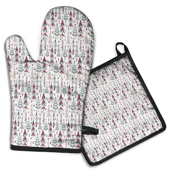 White Christmas Tree Pattern Kitchen Oven Mitt and Pot Holder Sets 2 Pcs for Baking, Cooking and Grilling, Heat Resistant Up To 392 °F
