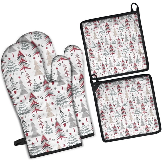 White Christmas Tree Pattern Kitchen Oven Mitt and Pot Holder Sets 4 Pcs for Baking, Cooking and Grilling, Heat Resistant Up To 392 °F