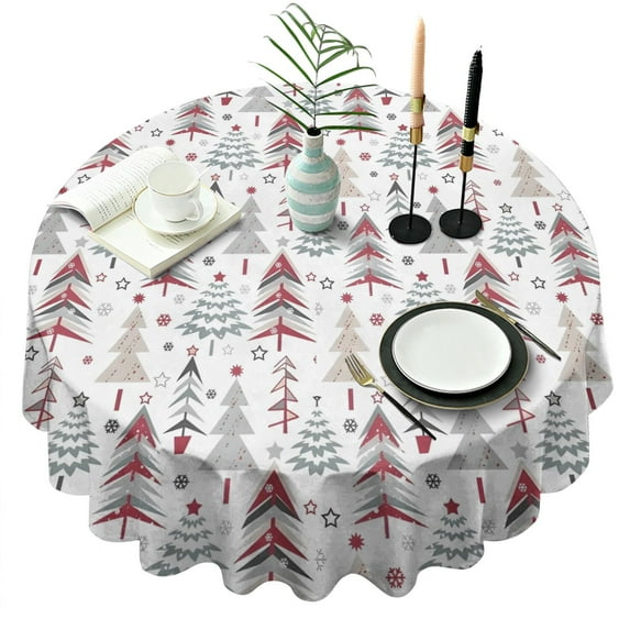 White Christmas Tree Pattern Round Tablecloth 60"x60",Wrinkle Wipeable Table Cloth for Kitchen Dining Room Picnic Patio Party