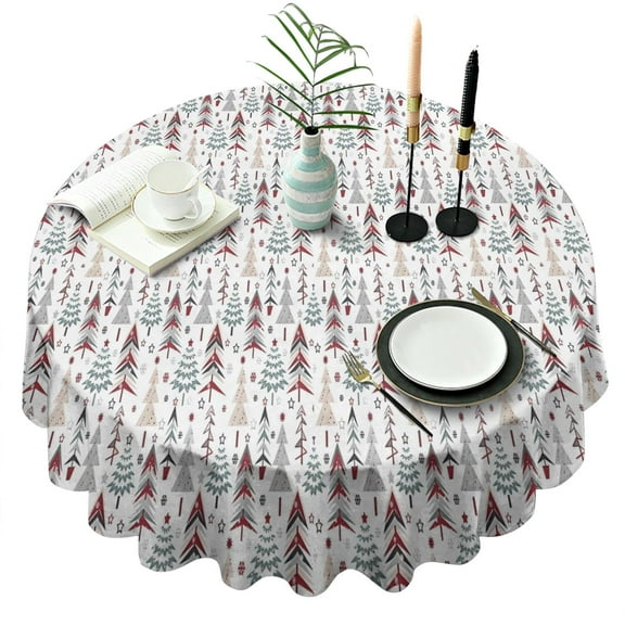 White Christmas Tree Pattern Round Tablecloth 60"x60",Wrinkle Wipeable Table Cloth for Kitchen Dining Room Picnic Patio Party