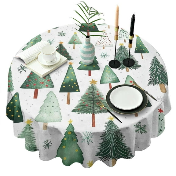 White Christmas Tree Pattern Round Tablecloth 60"x60",Wrinkle Wipeable Table Cloth for Kitchen Dining Room Picnic Patio Party