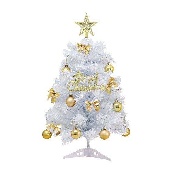 White Christmas Tree Set – 24 Inch Desktop Artificial Xmas Tree with Gold Star Top, Letter Signs, Bows & Decorative Balls, Small Tabletop Christmas Tree for Home, Office & Party Decoration
