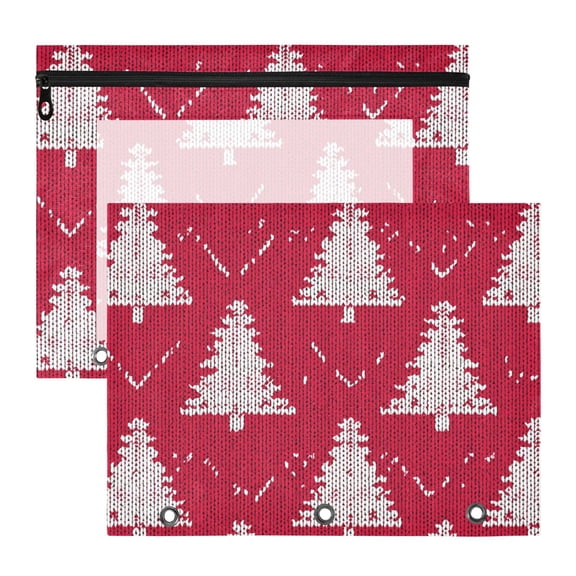 White Christmas Trees on Red Background Knitted 3-Ring Binder Pocket with Zipper Pencil Pouches A4 Size File Storage 2 Packs