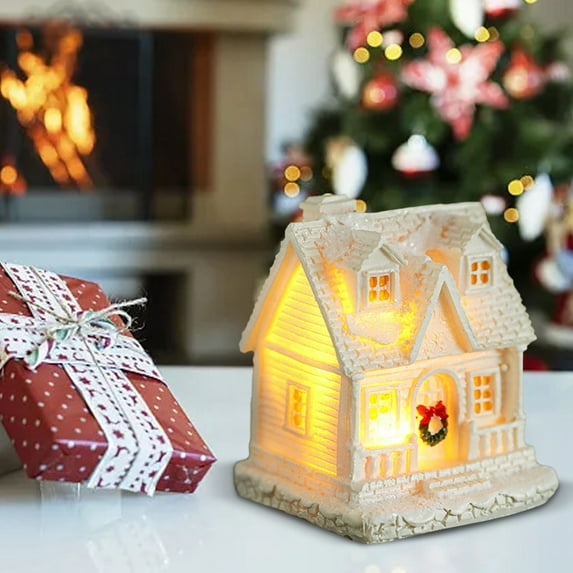 White Christmas Village House Decoration, Light Up Resin Glowing Snow Small Desktop Micro Small Ornaments Christmas Cottage Christmas Warm White LED Light Battery Operated Ornament
