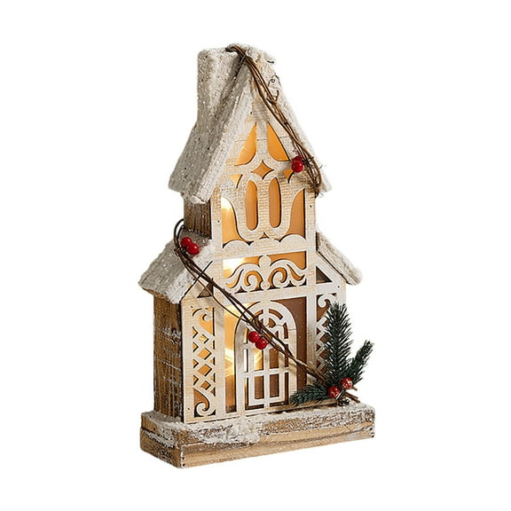 White Christmas Village House with Warm LED Lights - Wooden Winter Rustic Ornament with Snow & Pine Tree for Tabletop, Mantel, and Holiday Home Decor