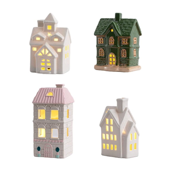 White Christmas Village Houses,LED Lighted Ceramic White Small House and Xmas Tree Tabletop Figurines, Light Up Christmas Decorations for Home Shelf Cabinet Table Winter Deco