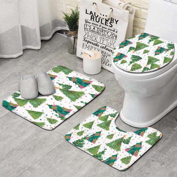 White Christmas Watercolor Tree Pattern Bathroom Rugs Sets 3 Piece,Toilet Cover Set,Absorbent Non Slip Bathroom Mats Sets with U-Shaped Contour Rug Toilet Rug Set