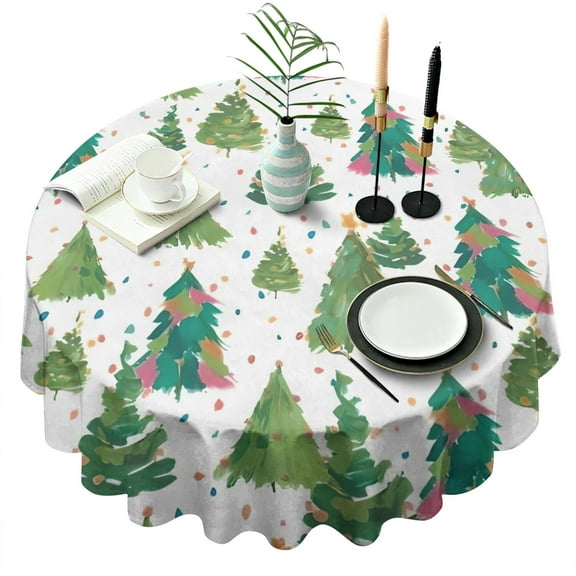 White Christmas Watercolor Tree Pattern Round Tablecloth 60"x60",Wrinkle Wipeable Table Cloth for Kitchen Dining Room Picnic Patio Party