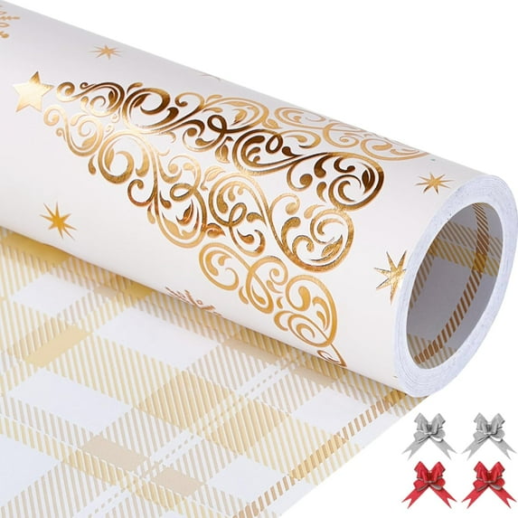 White Christmas Wrapping Paper Rolls Gold Cute Kids Reversible Tree Thick Aesthetic Elegant Gift Wrap Sheets Heavy Duty Girls Girly Princess Total 28.5sq.ft