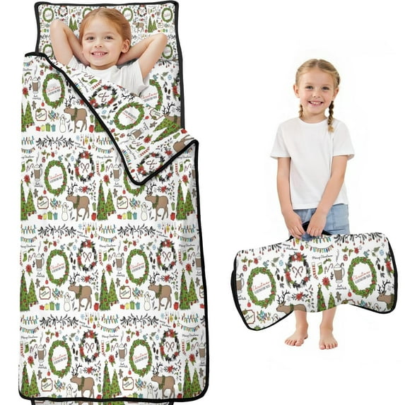 White Christmas Wreath Pattern Toddler Nap Mats for Kids Preschool,59"x22" Sleeping Mat Bag or Kids,Toddler Sleeping Bag,Toddler Nap Mat or Daycare