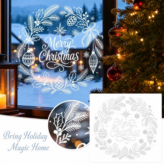 White Christmas Wreath Window Cling, Elegant Merry Christmas Glass Decal, Static Snowflake Ornament Stickers for Festive Holiday Window Decoration