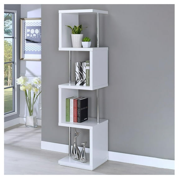 White & Chrome Bookcase 4 Tier - Modern Geometric Shelving Unit for Living Room, Bedroom, Home Office - 66.5" Tall Metal