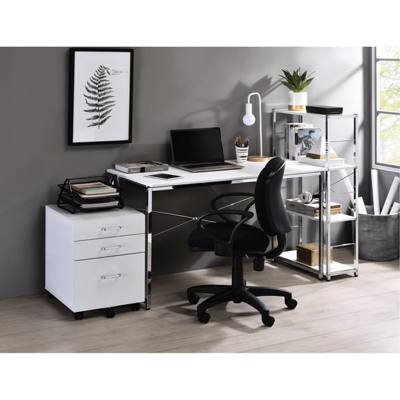 White Chrome Finish Writing Desk | Used in Personal Work Areas | Metal and Veneer Build | Ample Leg Space